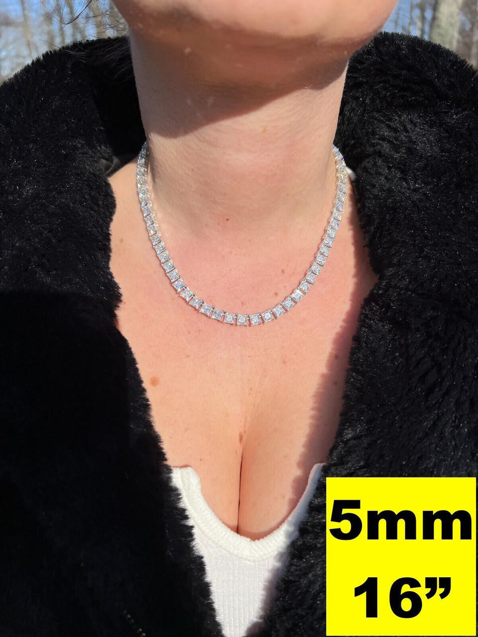 MOISSANITE Square Princess Cut Tennis Chain Necklace Iced Out - 925 Silver - 3mm-5mm - 14"-28"
