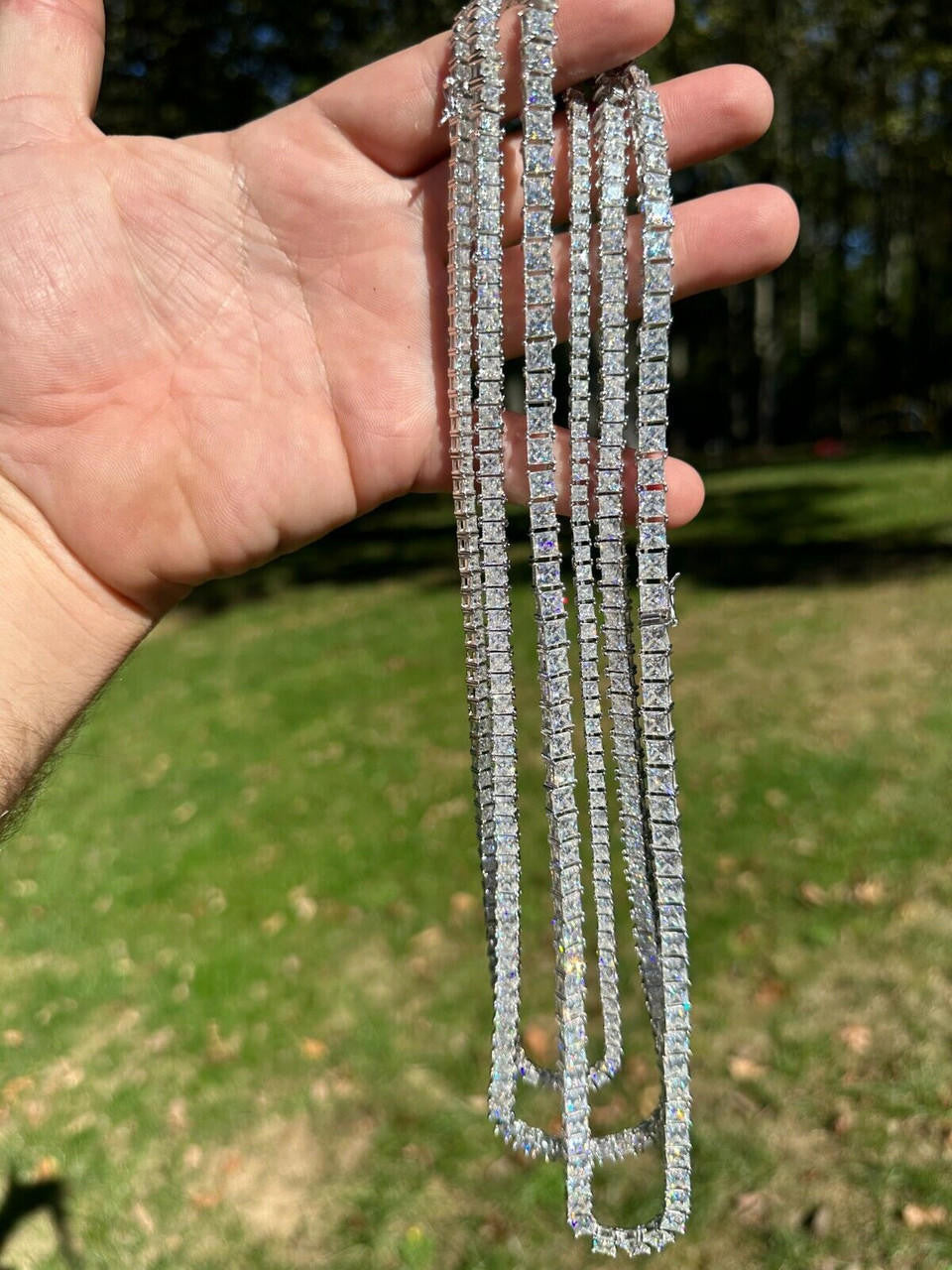 MOISSANITE Square Princess Cut Tennis Chain Necklace Iced Out - 925 Silver - 3mm-5mm - 14"-28"