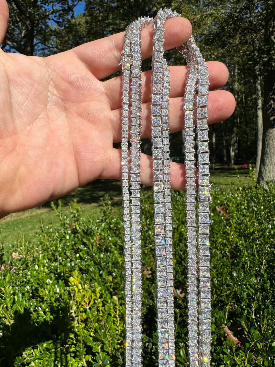 MOISSANITE Square Princess Cut Tennis Chain Necklace Iced Out - 925 Silver - 3mm-5mm - 14"-28"