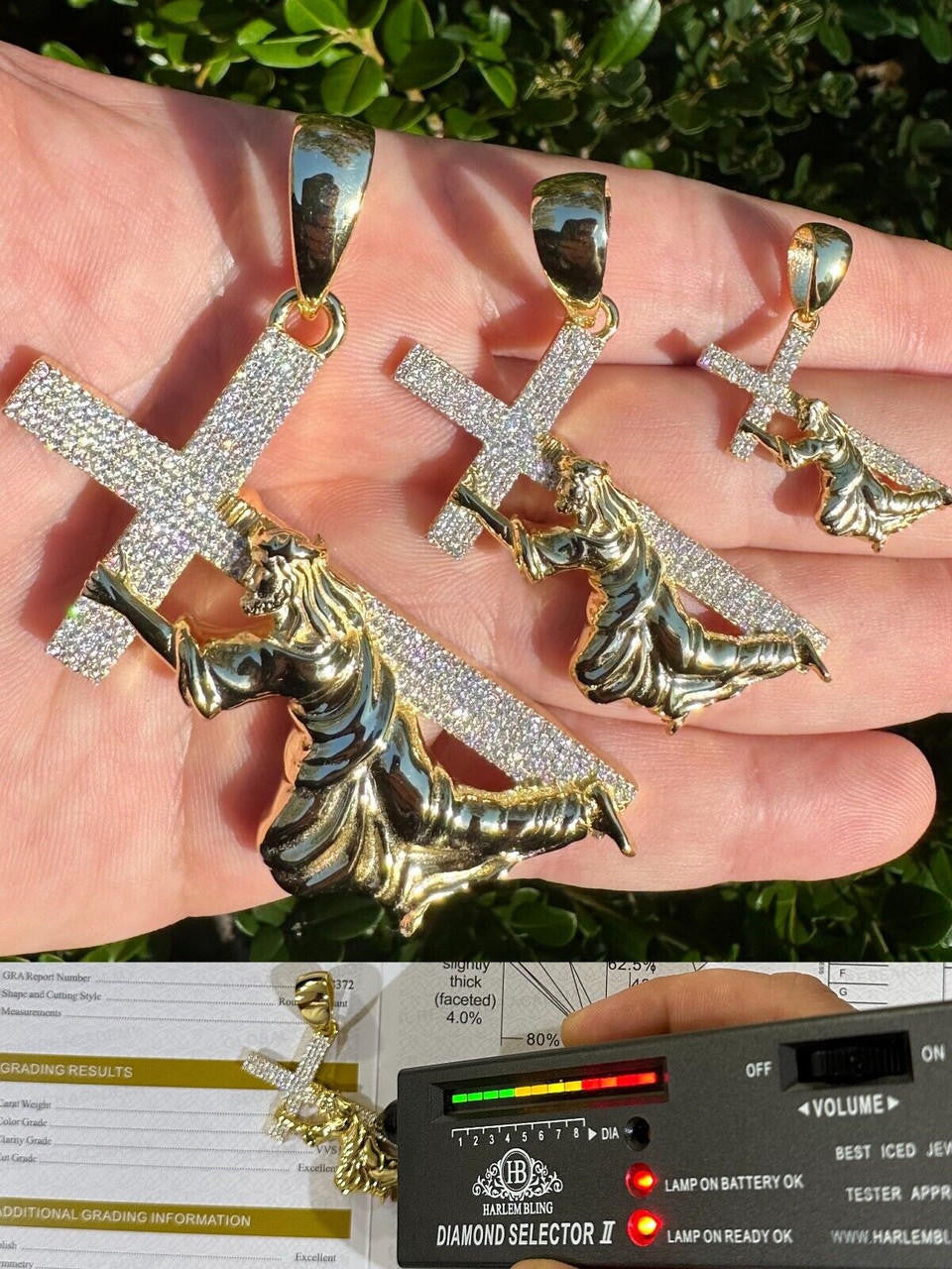 MOISSANITE Cross of Redemption Pendant - 14k Gold Vermeil 925 Silver - 3 Sizes 1"-3"