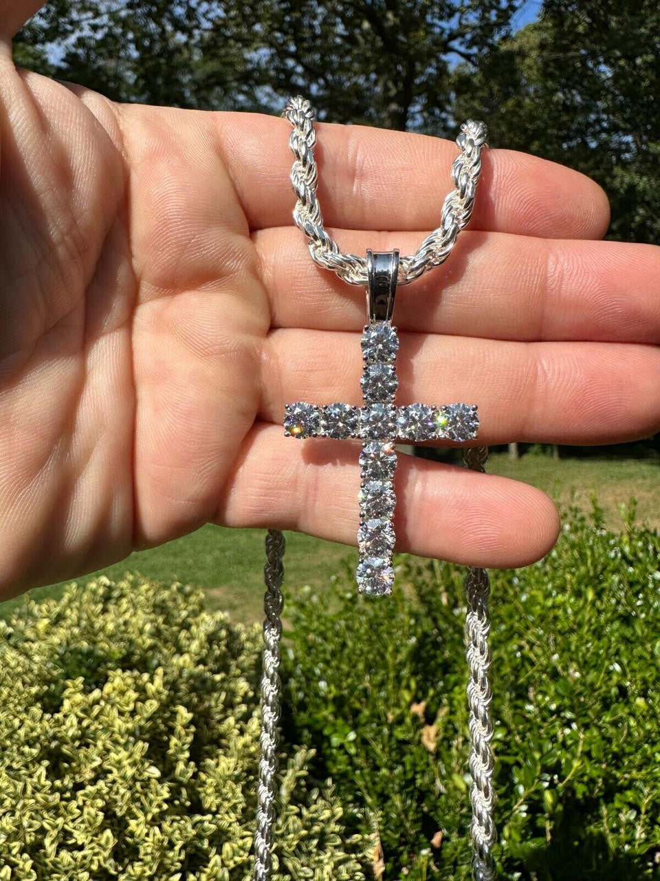 MOISSANITE Tennis Cross Pendant - 10k White Gold - 0.5"-1.75"