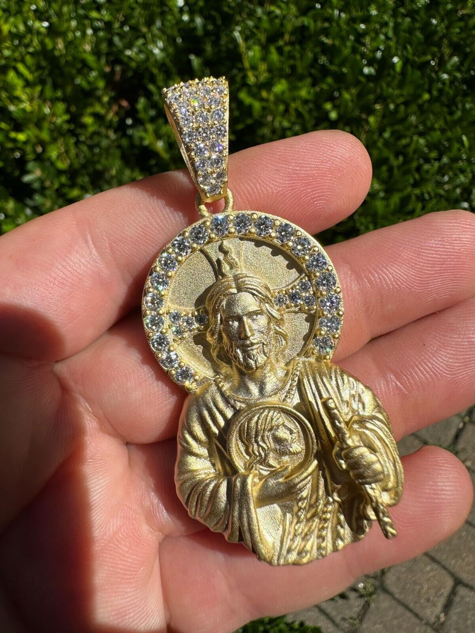 MOISSANITE St Jude San Judas Iced Pendant - 14k Yellow/Rose Gold Vermeil Or 925 Silver  - Large 2.75"
