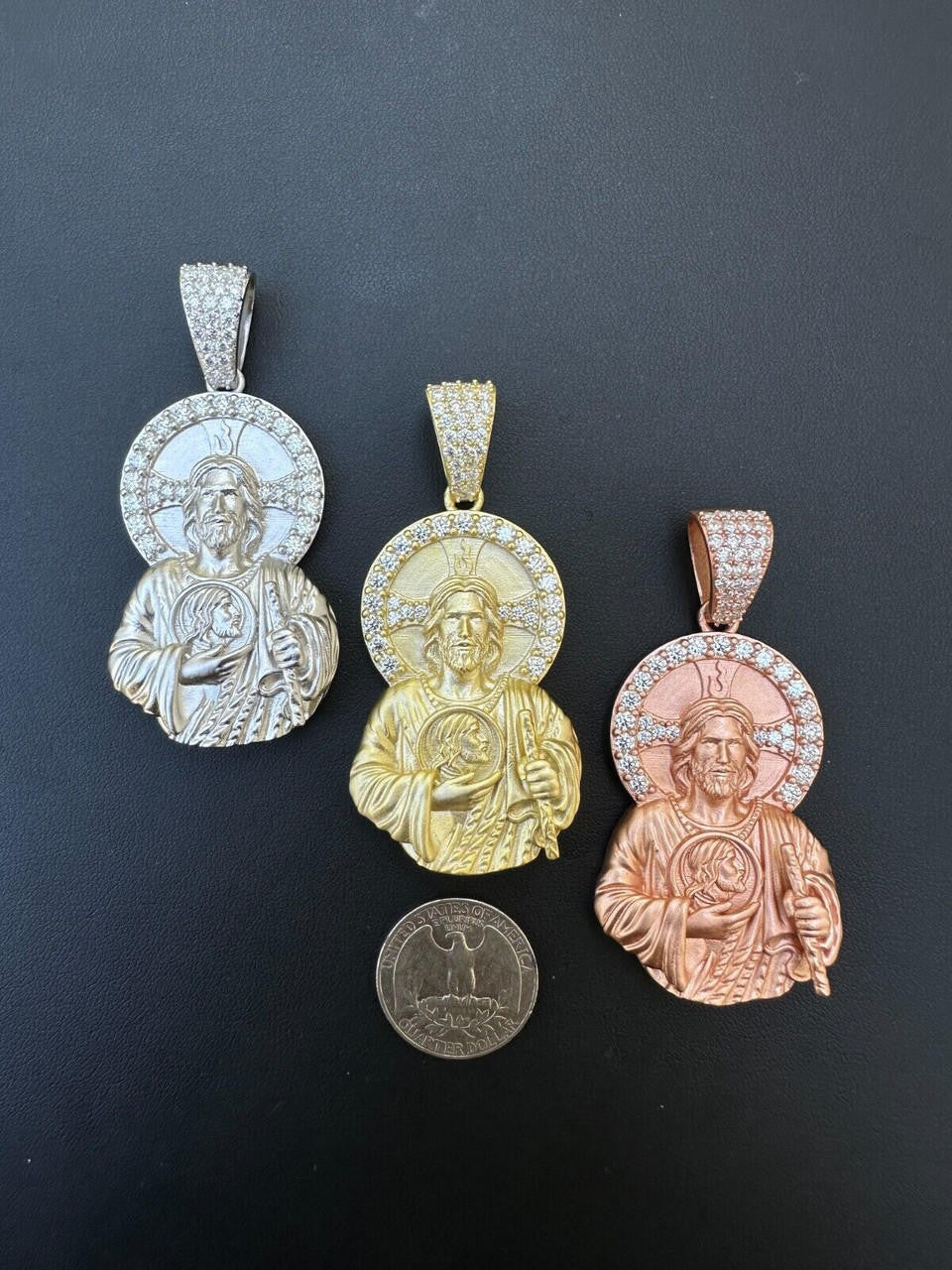 MOISSANITE St Jude San Judas Iced Pendant - 14k Yellow/Rose Gold Vermeil Or 925 Silver  - Large 2.75"
