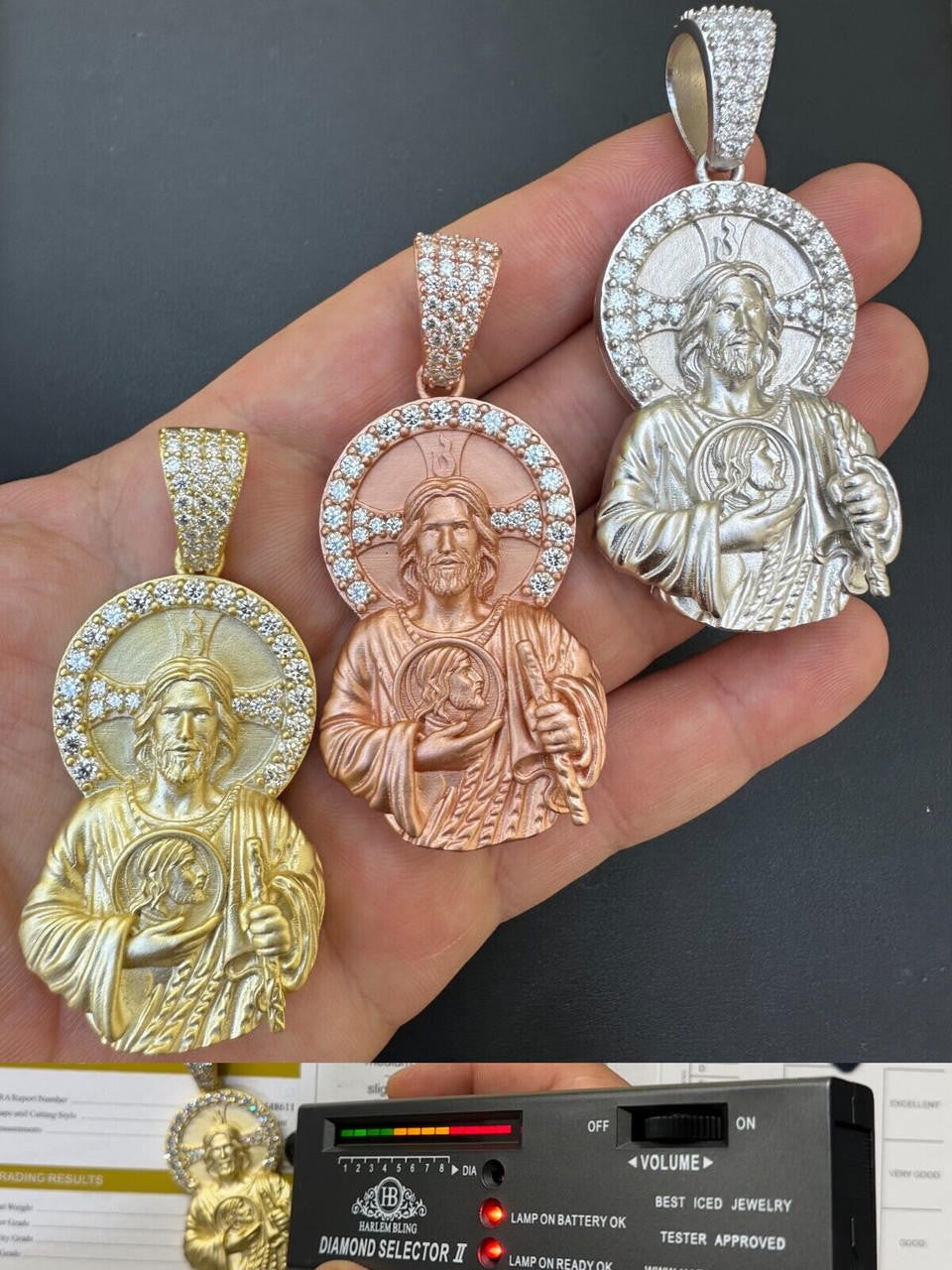 MOISSANITE St Jude San Judas Iced Pendant - 14k Yellow/Rose Gold Vermeil Or 925 Silver  - Large 2.75"