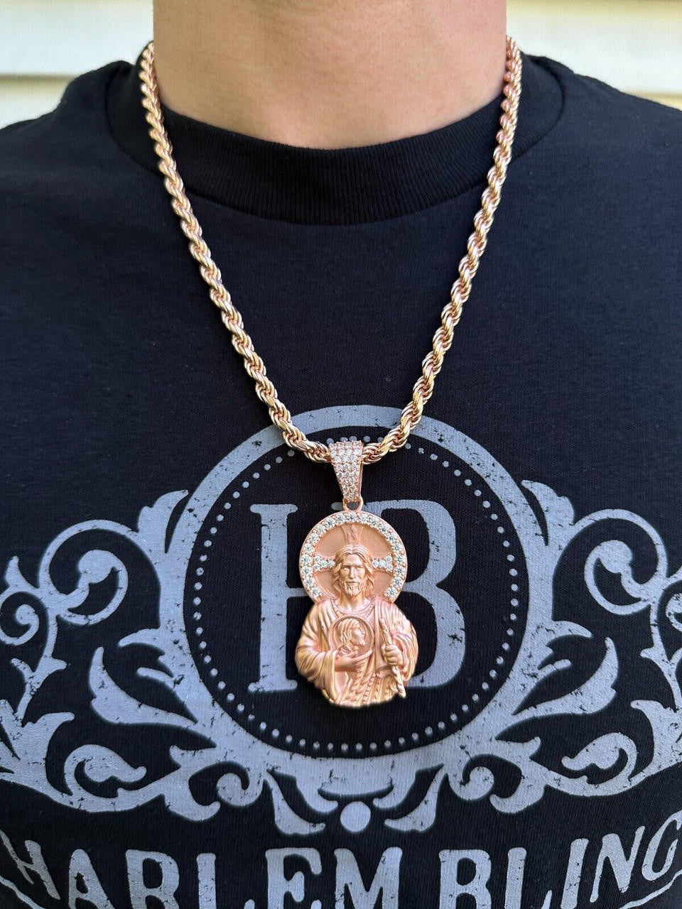 MOISSANITE St Jude San Judas Iced Pendant - 14k Yellow/Rose Gold Vermeil Or 925 Silver  - Large 2.75"
