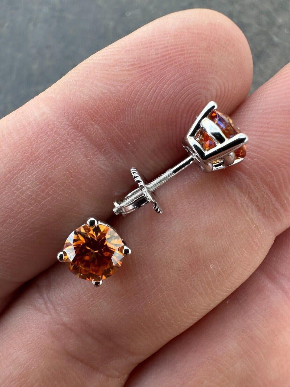 Orange MOISSANITE Solitaire Stud Earrings - 925 Silver - 3mm-8mm - 0.2-4ct