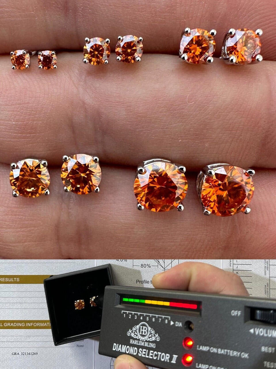 Orange MOISSANITE Solitaire Stud Earrings - 925 Silver - 3mm-8mm - 0.2-4ct