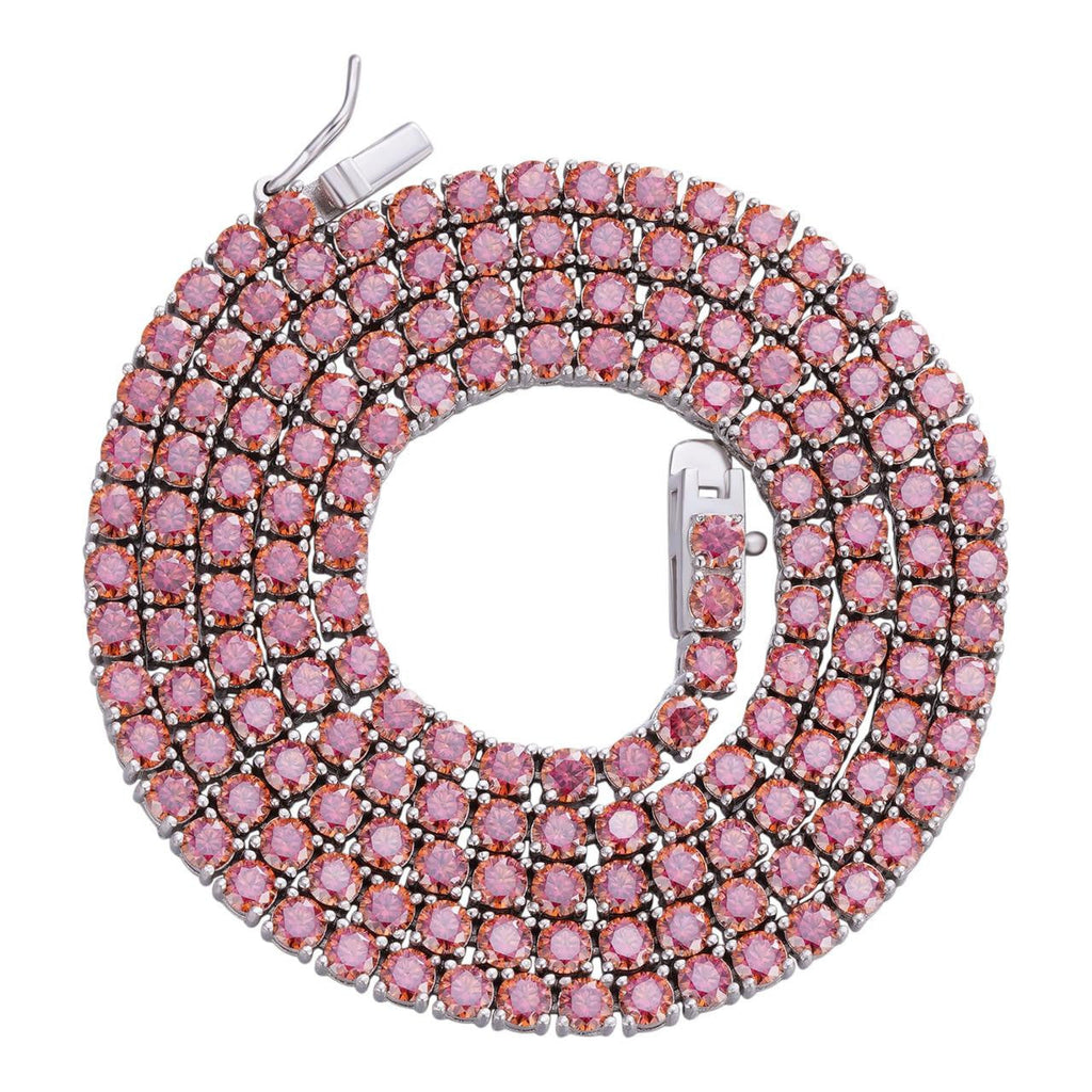 Pink MOISSANITE Tennis Chain Necklace Iced Out - 925 Silver - 3mm - 16"-28"