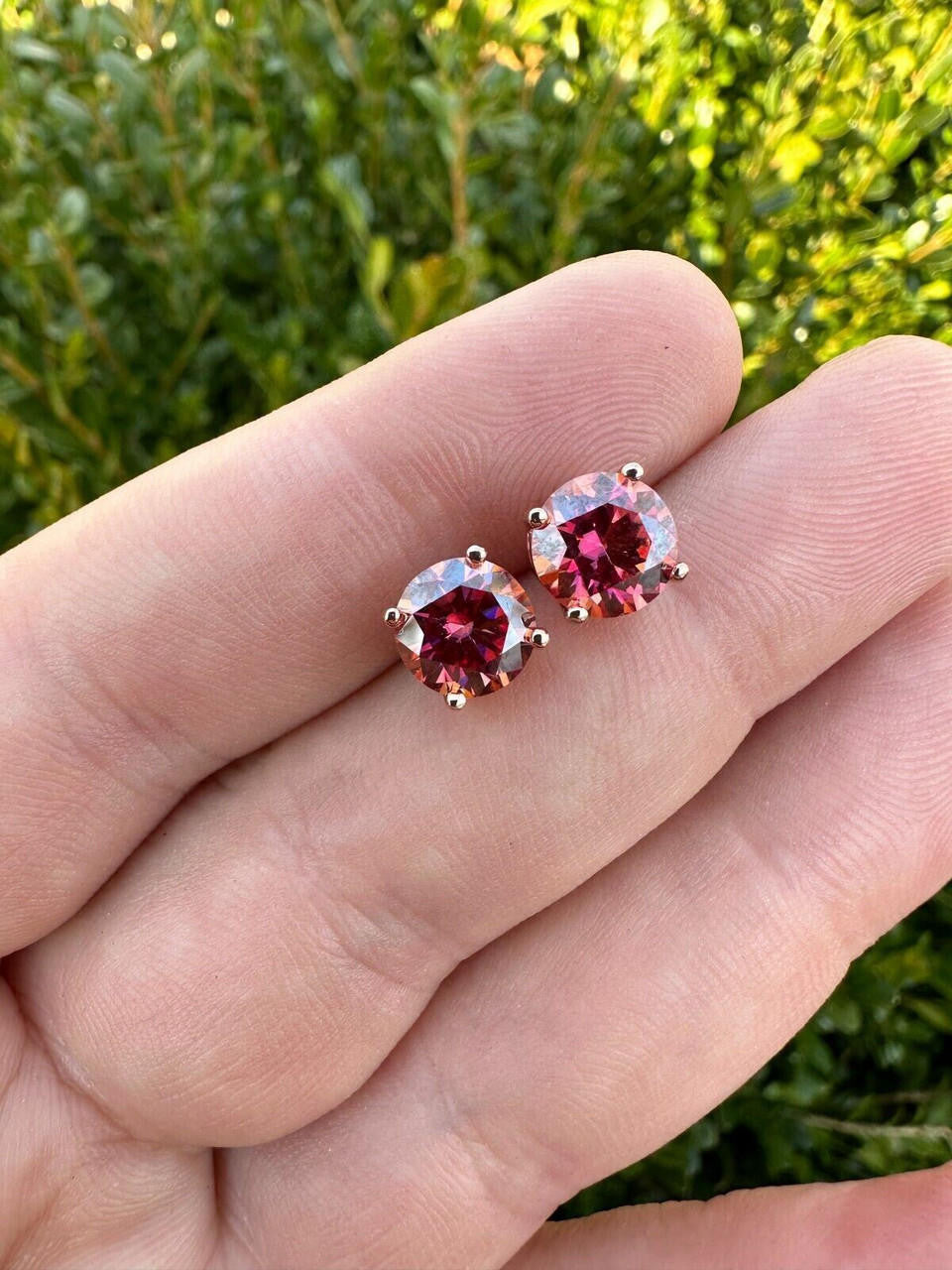 Pink MOISSANITE Solitaire Stud Earrings - 14k Rose Gold Vermeil 925 Silver - 3mm-8mm - 0.2-4ct