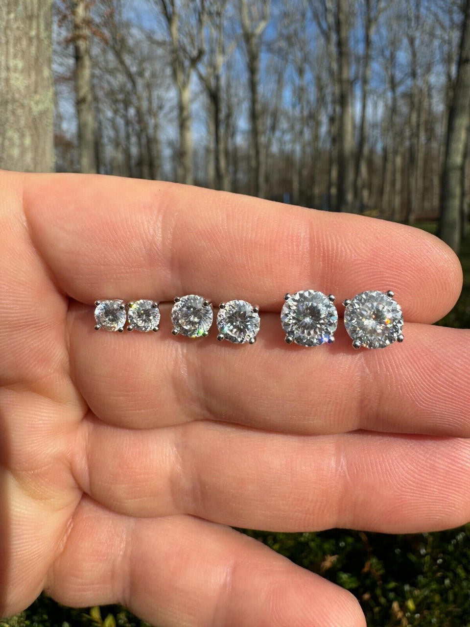 MOISSANITE Portuguese Cut - 100 Facets Each Stone - Solitaire Stud Earrings - 925 Silver - 5mm-8mm - 1-4ct