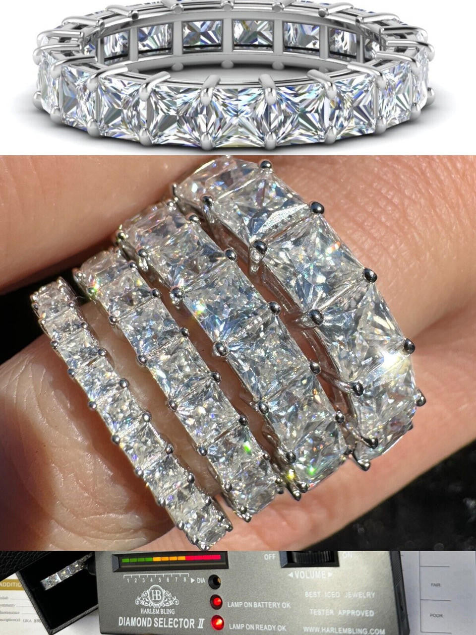 MOISSANITE Full Eternity Princess Cut (Square) Band Wedding Ring - 925 Silver - 2mm-5mm