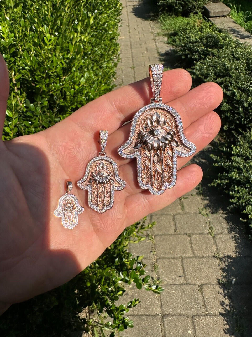 MOISSANITE Hamsa Evil Eye Hand Pendant - 14k Rose Gold Vermeil 925 Silver - 3 Sizes 1.25"-2.75"