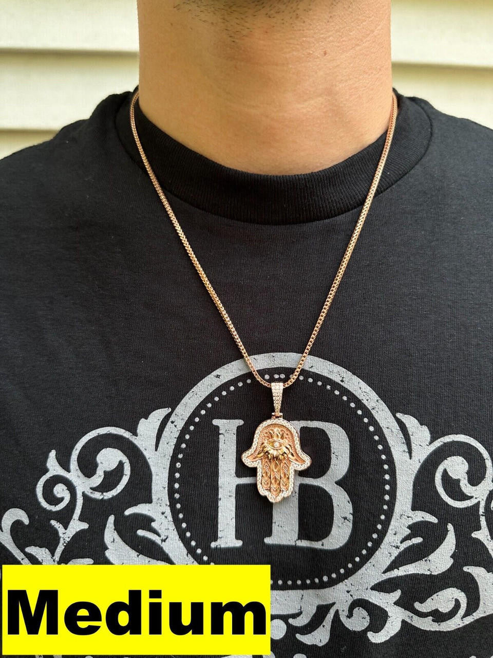 MOISSANITE Hamsa Evil Eye Hand Pendant - 14k Rose Gold Vermeil 925 Silver - 3 Sizes 1.25"-2.75"