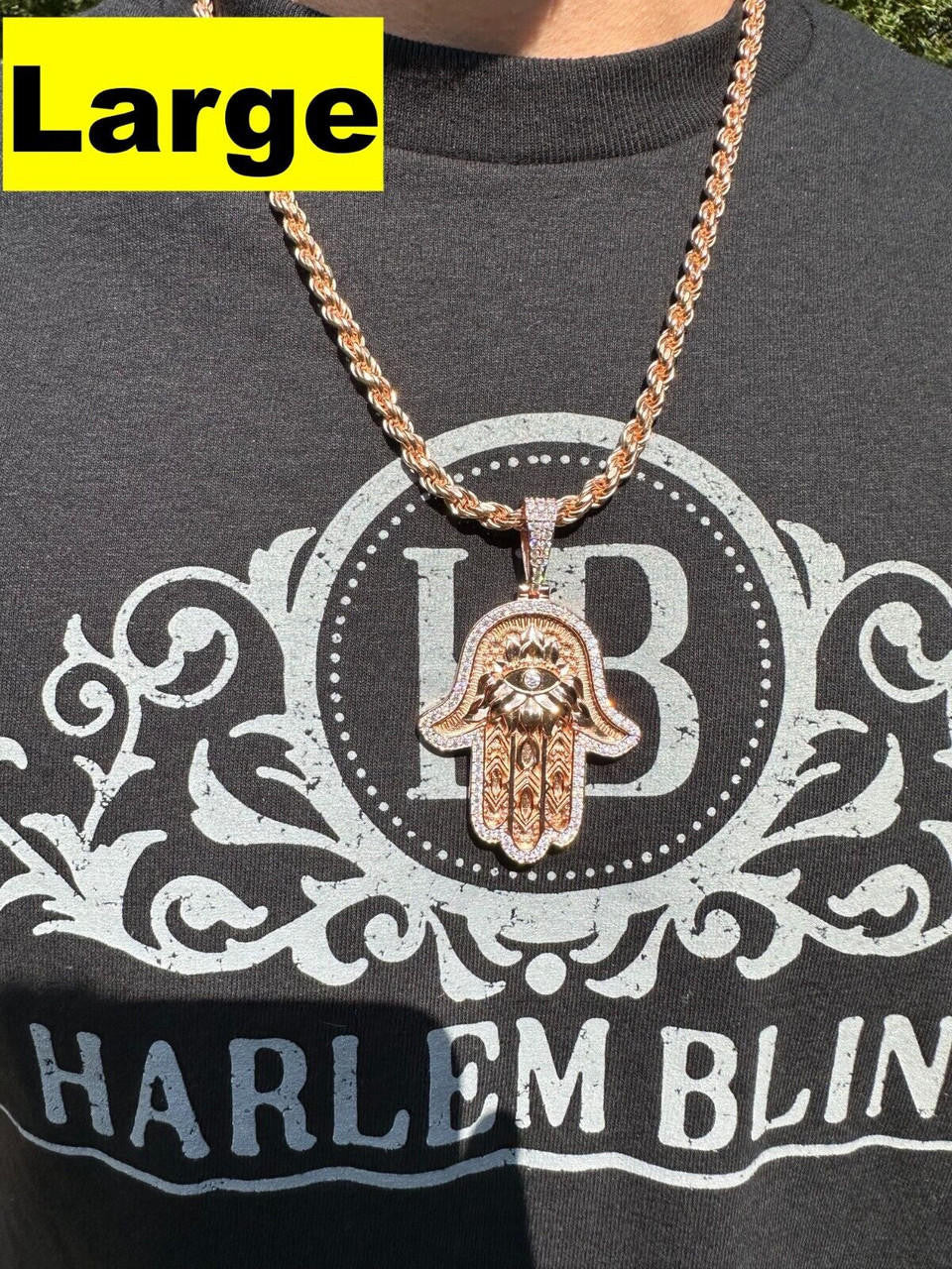 MOISSANITE Hamsa Evil Eye Hand Pendant - 14k Rose Gold Vermeil 925 Silver - 3 Sizes 1.25"-2.75"
