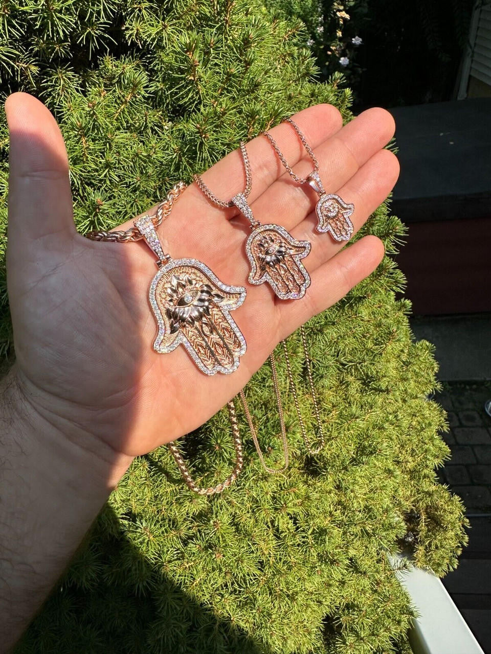 MOISSANITE Hamsa Evil Eye Hand Pendant - 14k Rose Gold Vermeil 925 Silver - 3 Sizes 1.25"-2.75"
