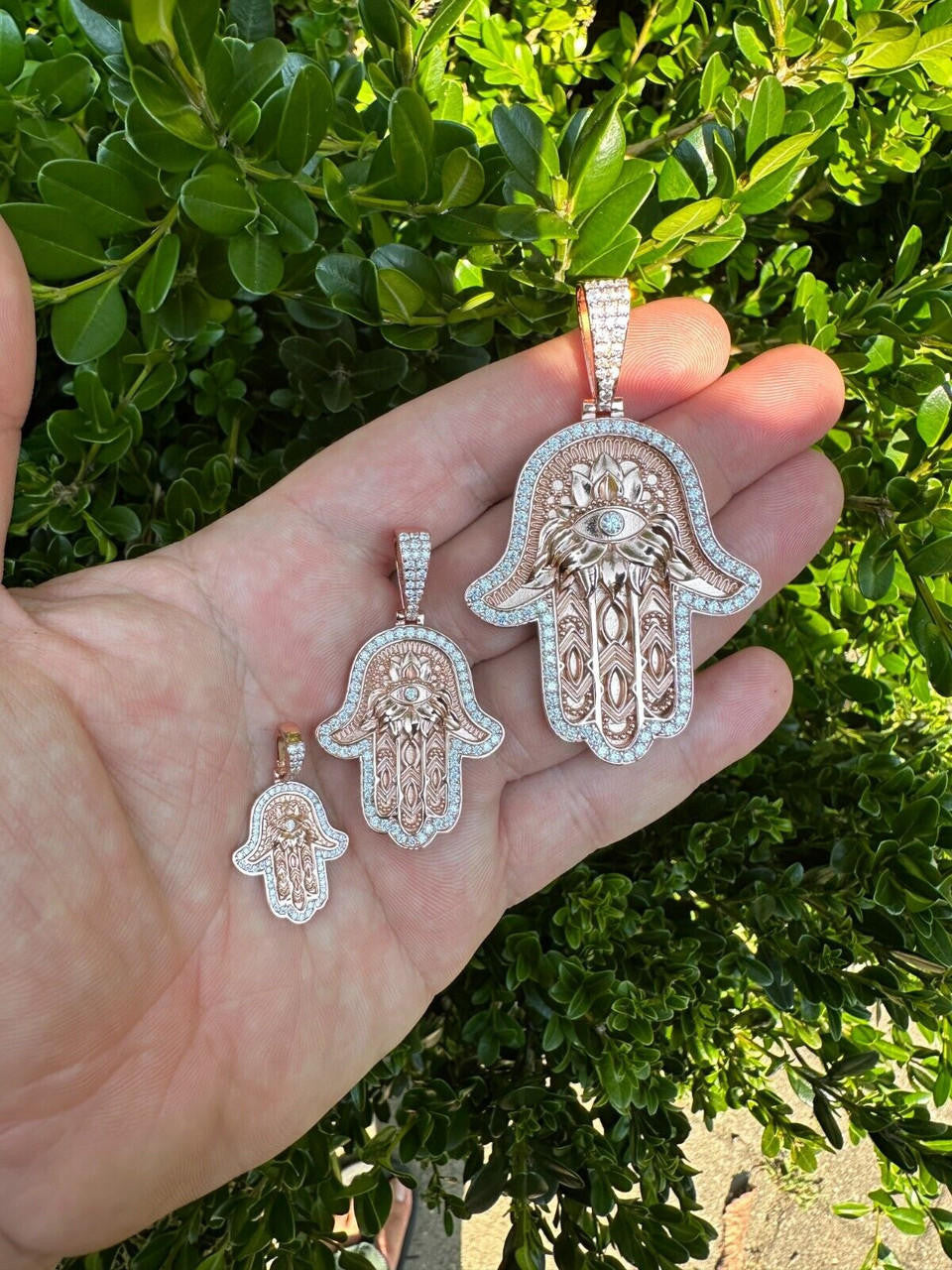 MOISSANITE Hamsa Evil Eye Hand Pendant - 14k Rose Gold Vermeil 925 Silver - 3 Sizes 1.25"-2.75"