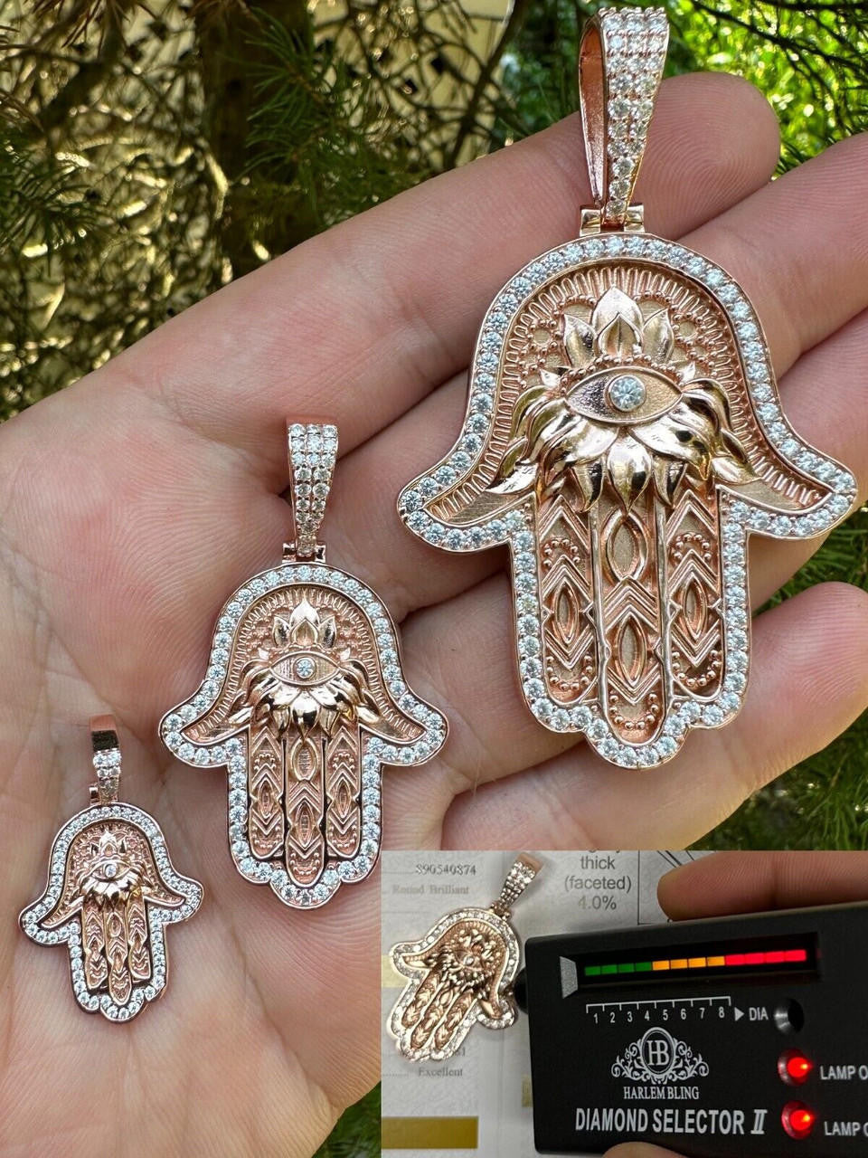 MOISSANITE Hamsa Evil Eye Hand Pendant - 14k Rose Gold Vermeil 925 Silver - 3 Sizes 1.25"-2.75"