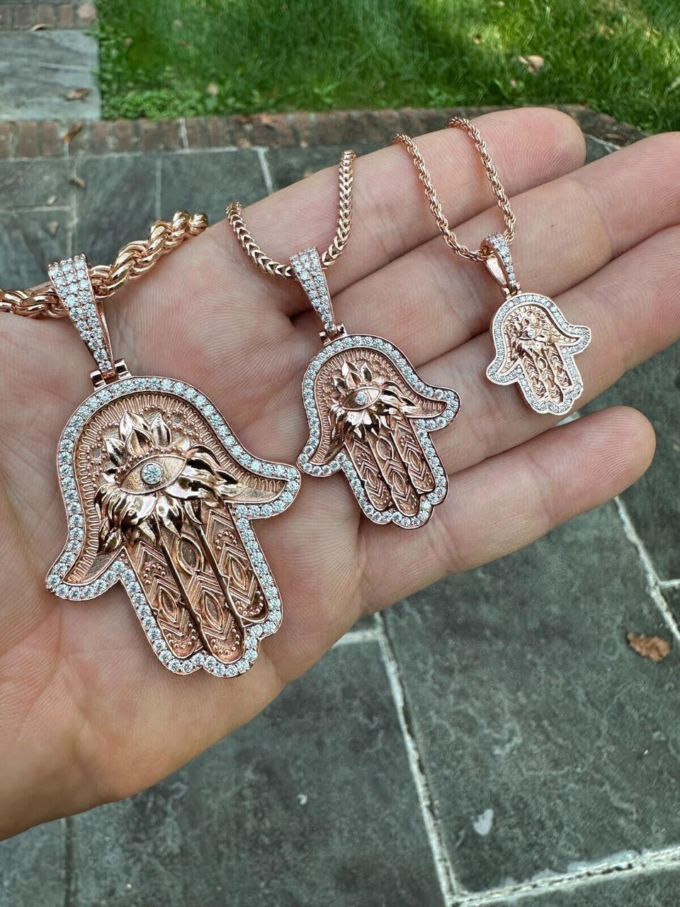 MOISSANITE Hamsa Evil Eye Hand Pendant - 14k Rose Gold Vermeil 925 Silver - 3 Sizes 1.25"-2.75"