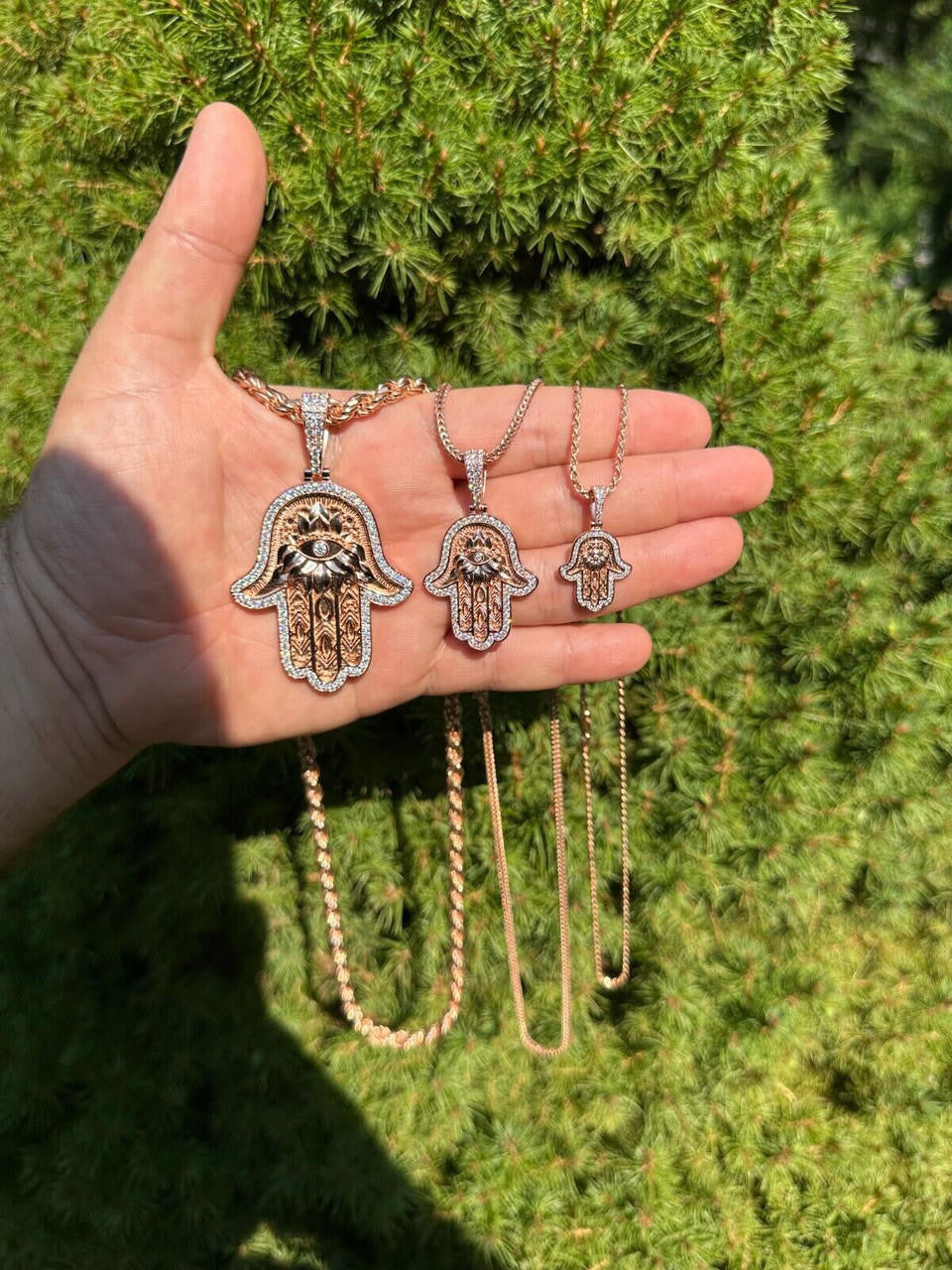 MOISSANITE Hamsa Evil Eye Hand Pendant - 14k Rose Gold Vermeil 925 Silver - 3 Sizes 1.25"-2.75"