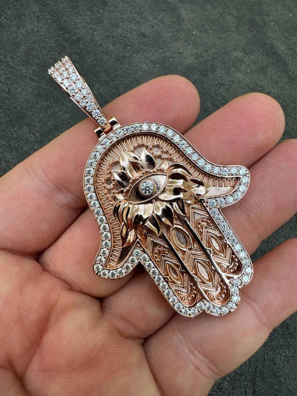 MOISSANITE Hamsa Evil Eye Hand Pendant - 14k Rose Gold Vermeil 925 Silver - 3 Sizes 1.25"-2.75"