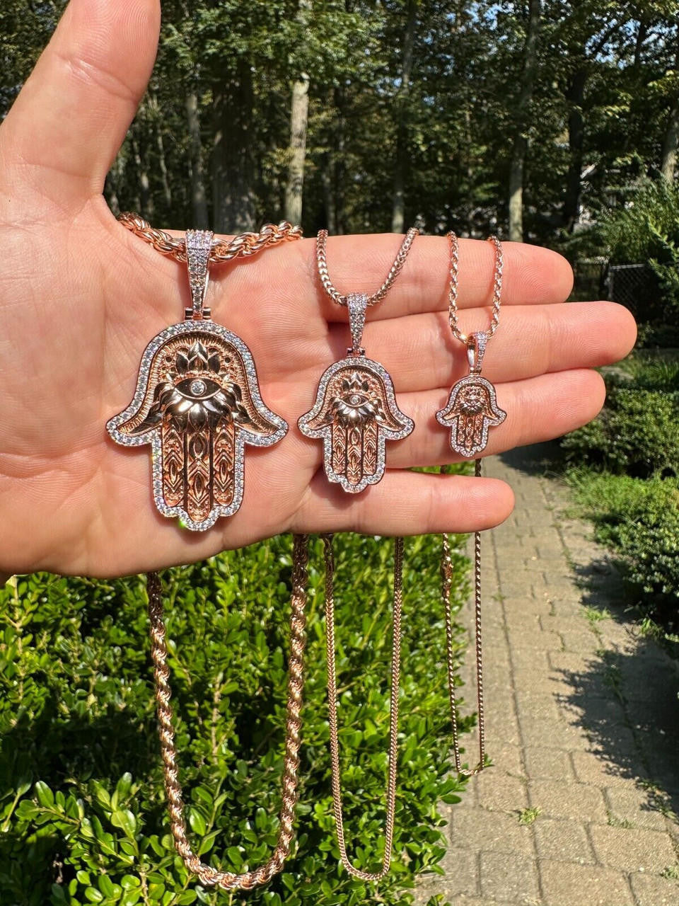 MOISSANITE Hamsa Evil Eye Hand Pendant - 14k Rose Gold Vermeil 925 Silver - 3 Sizes 1.25"-2.75"