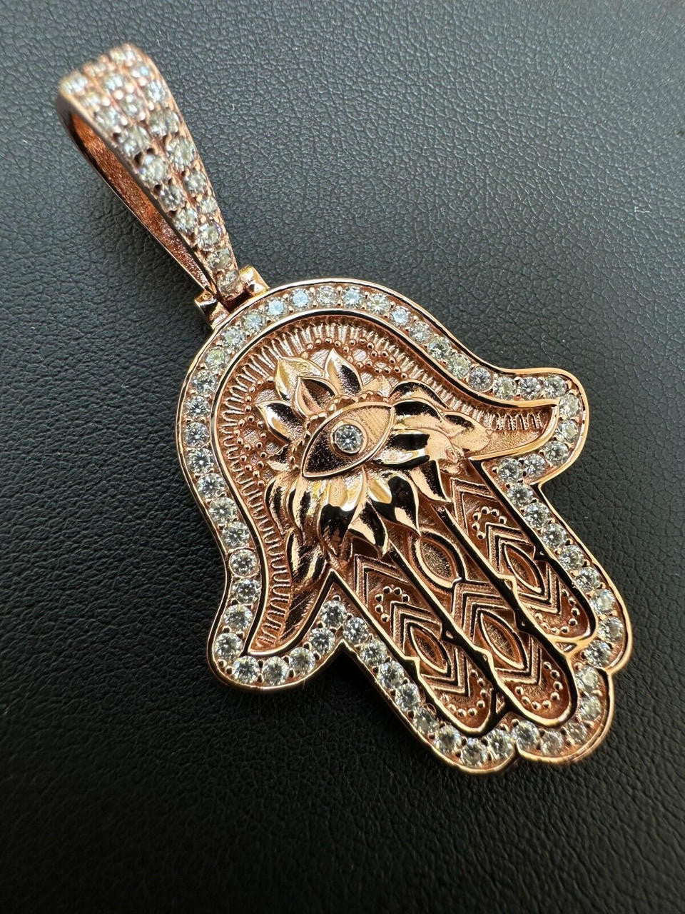 MOISSANITE Hamsa Evil Eye Hand Pendant - 14k Rose Gold Vermeil 925 Silver - 3 Sizes 1.25"-2.75"
