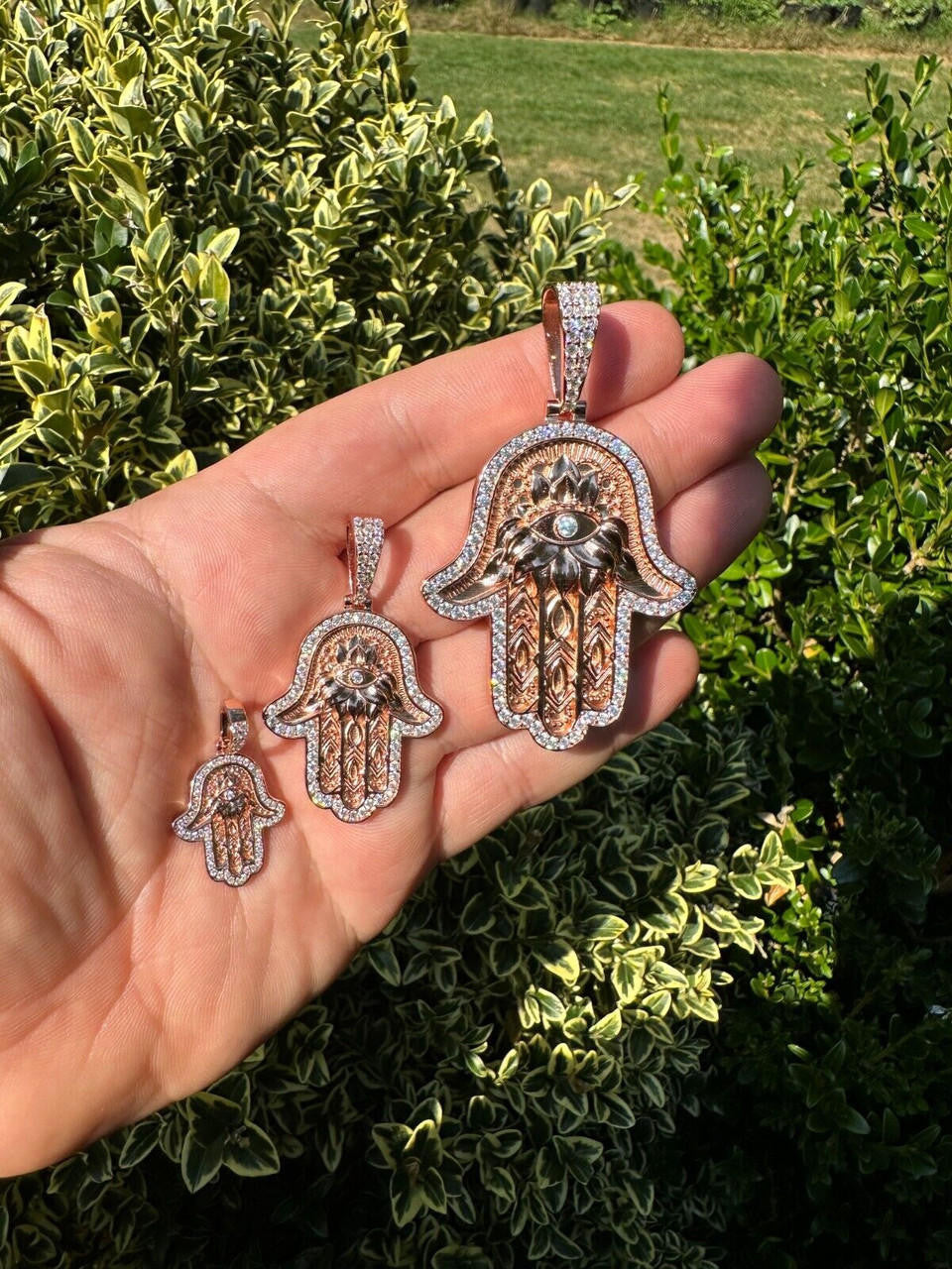 MOISSANITE Hamsa Evil Eye Hand Pendant - 14k Rose Gold Vermeil 925 Silver - 3 Sizes 1.25"-2.75"