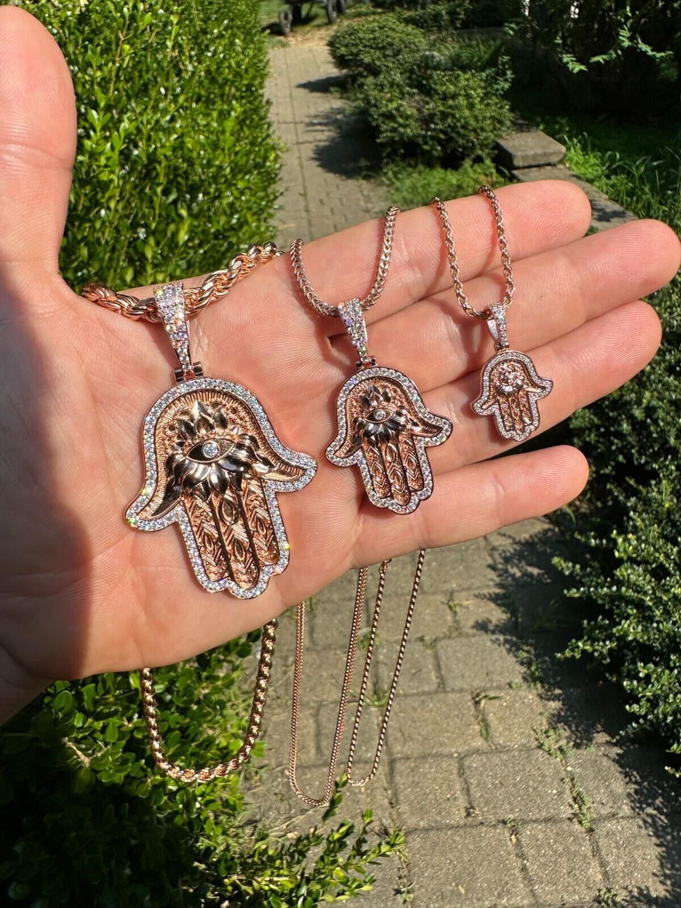 MOISSANITE Hamsa Evil Eye Hand Pendant - 14k Rose Gold Vermeil 925 Silver - 3 Sizes 1.25"-2.75"