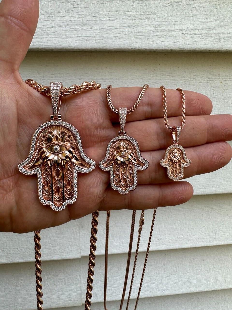 MOISSANITE Hamsa Evil Eye Hand Pendant - 14k Rose Gold Vermeil 925 Silver - 3 Sizes 1.25"-2.75"