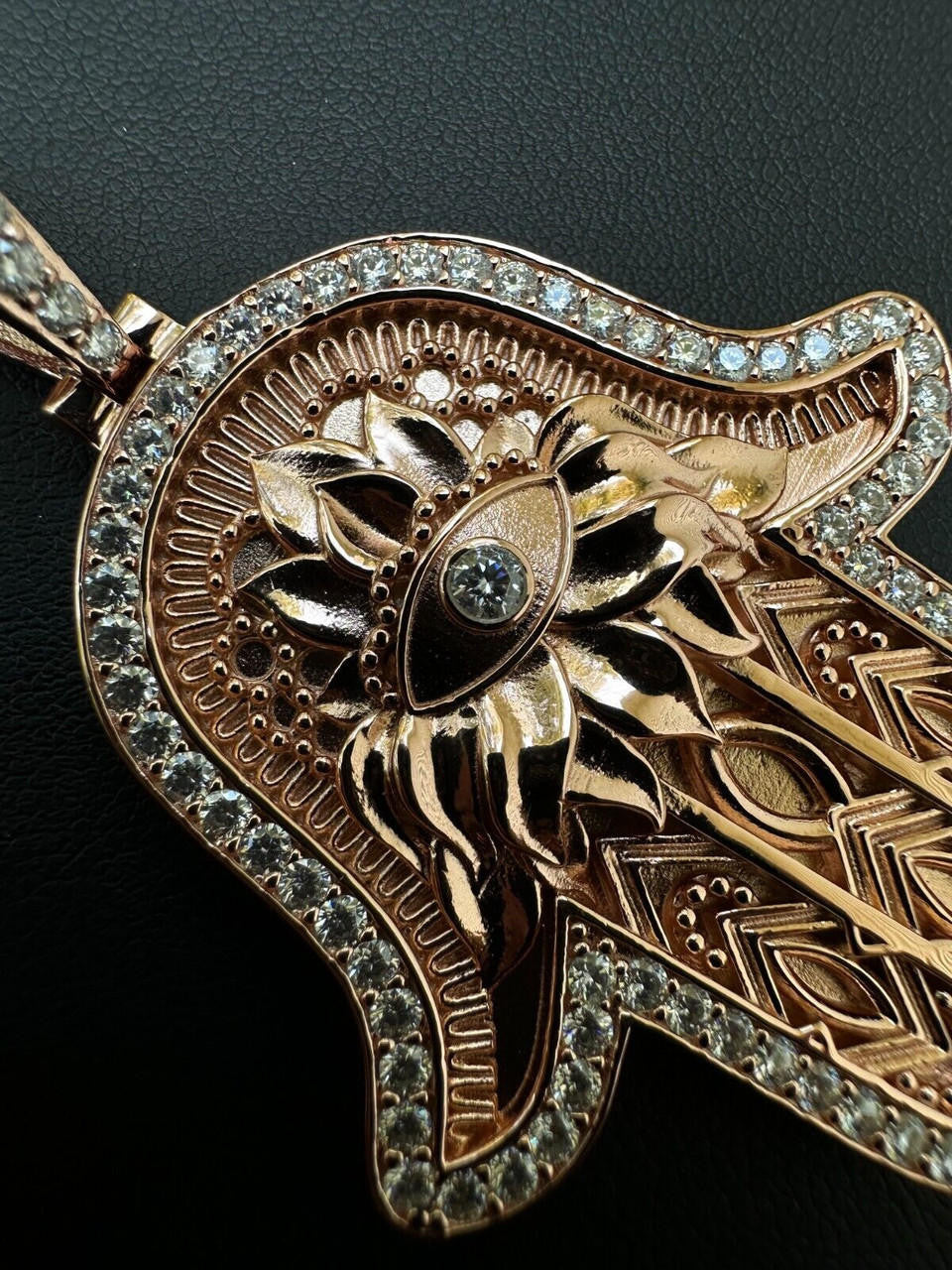 MOISSANITE Hamsa Evil Eye Hand Pendant - 14k Rose Gold Vermeil 925 Silver - 3 Sizes 1.25"-2.75"