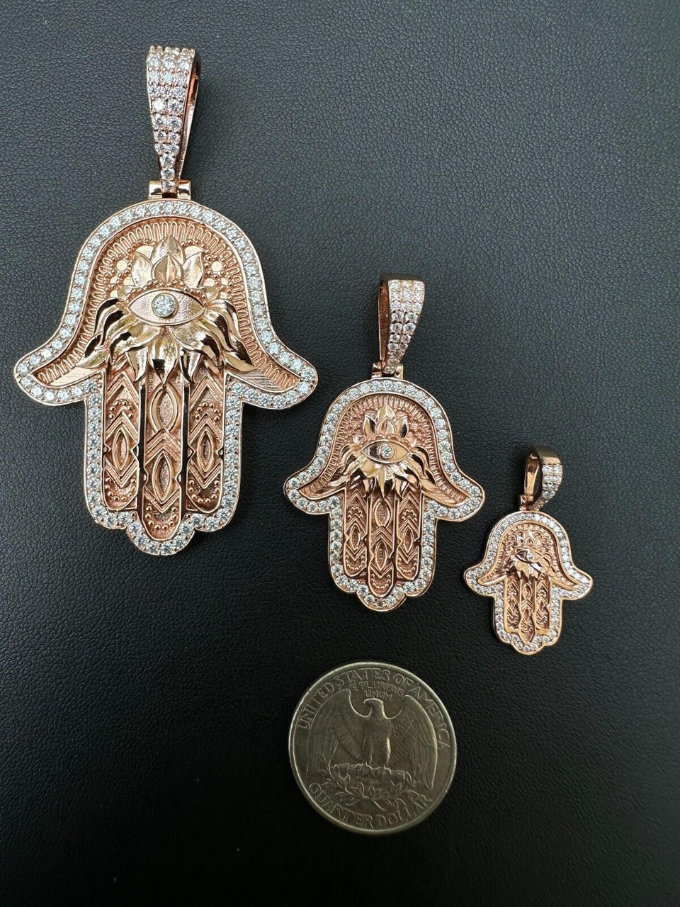 MOISSANITE Hamsa Evil Eye Hand Pendant - 14k Rose Gold Vermeil 925 Silver - 3 Sizes 1.25"-2.75"