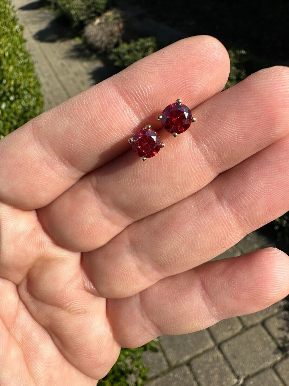 Red MOISSANITE Solitaire Stud Earrings - 14k Gold Vermeil 925 Silver - 3mm-8mm - 0.2-4ct
