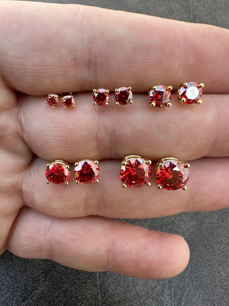 Red MOISSANITE Solitaire Stud Earrings - 14k Gold Vermeil 925 Silver - 3mm-8mm - 0.2-4ct