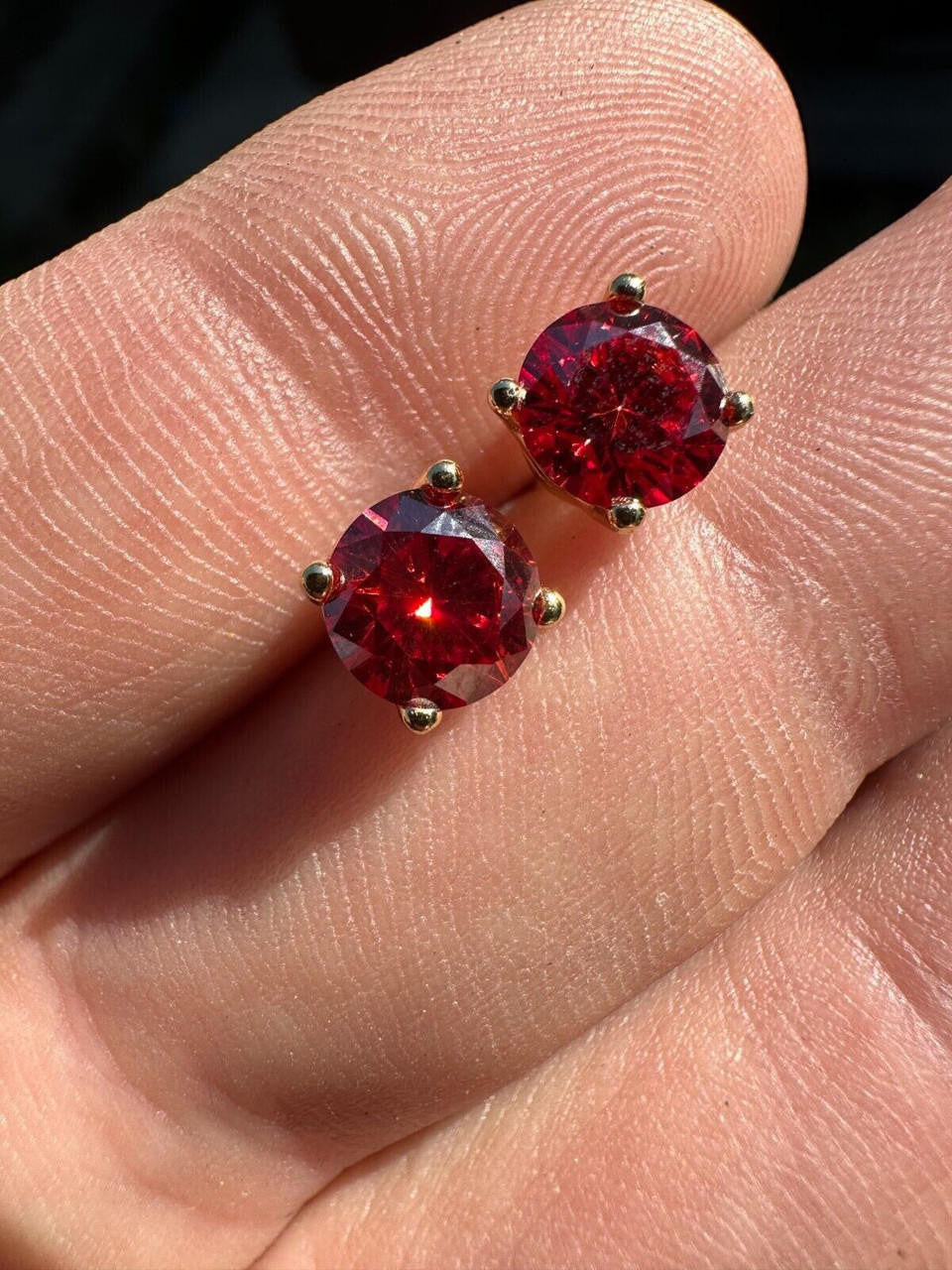 Red MOISSANITE Solitaire Stud Earrings - 14k Gold Vermeil 925 Silver - 3mm-8mm - 0.2-4ct