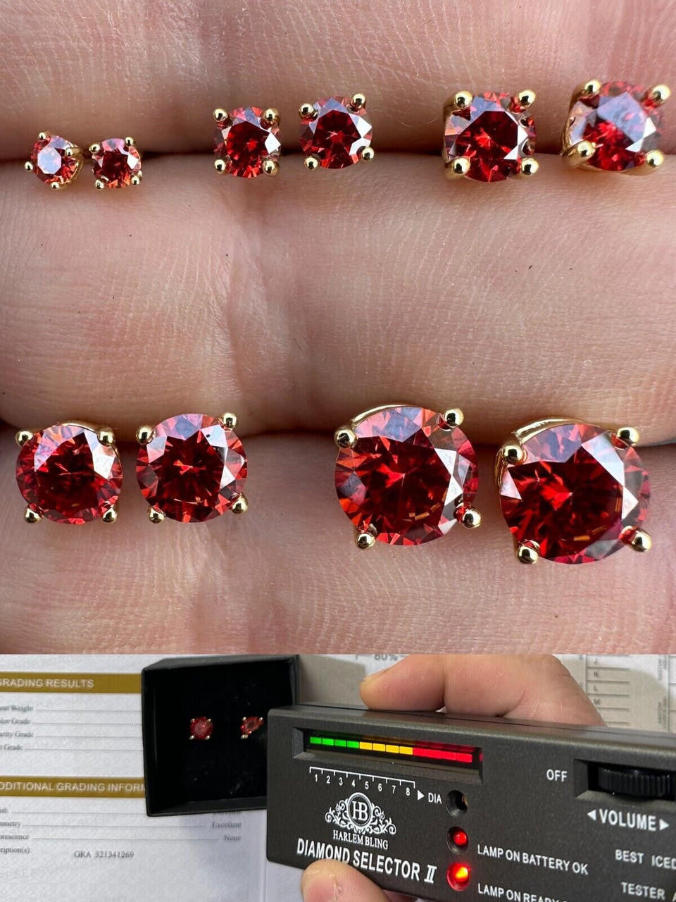 Red MOISSANITE Solitaire Stud Earrings - 14k Gold Vermeil 925 Silver - 3mm-8mm - 0.2-4ct