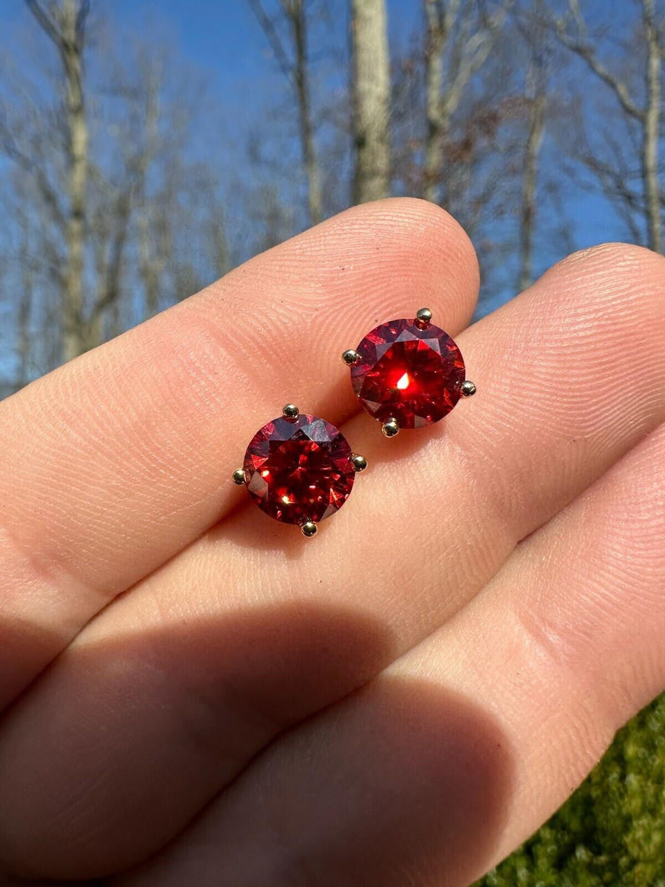 Red MOISSANITE Solitaire Stud Earrings - 14k Gold Vermeil 925 Silver - 3mm-8mm - 0.2-4ct