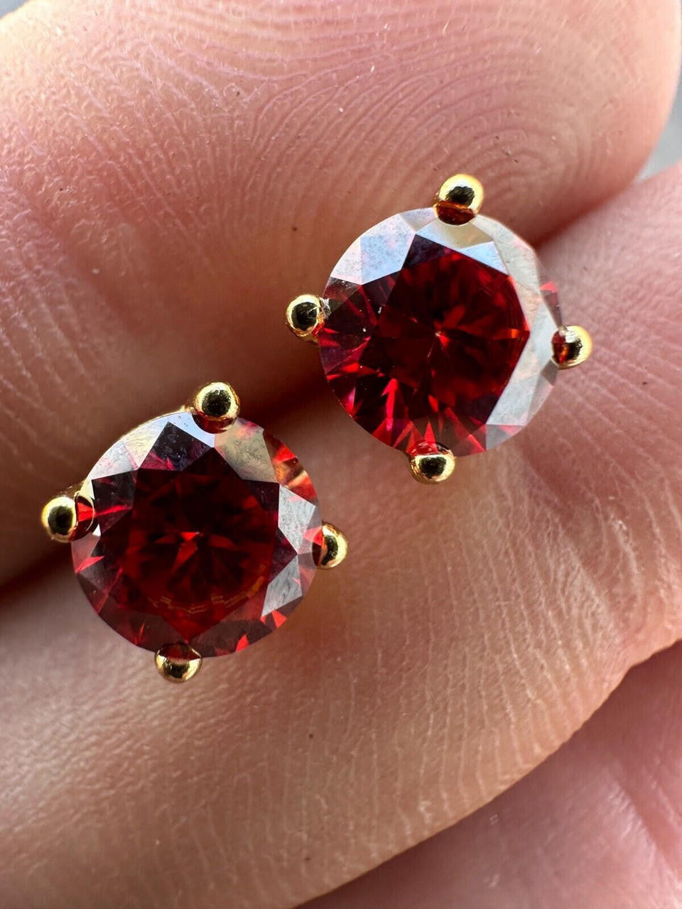 Red MOISSANITE Solitaire Stud Earrings - 14k Gold Vermeil 925 Silver - 3mm-8mm - 0.2-4ct