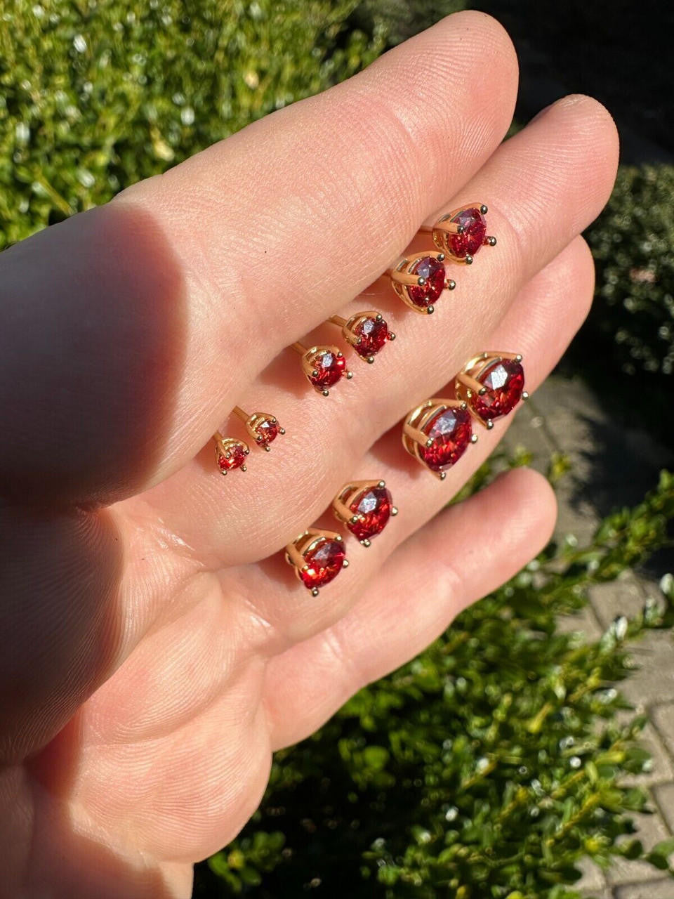 Red MOISSANITE Solitaire Stud Earrings - 14k Gold Vermeil 925 Silver - 3mm-8mm - 0.2-4ct
