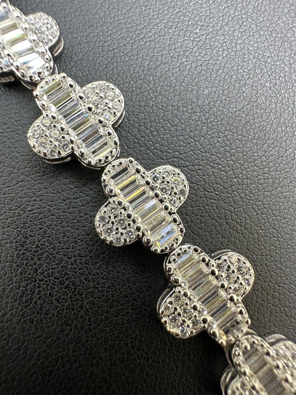 Graduated Baguette Clover Bracelet Iced Out CZ Stones - 925 Silver - 12mm - 6"-8.5"