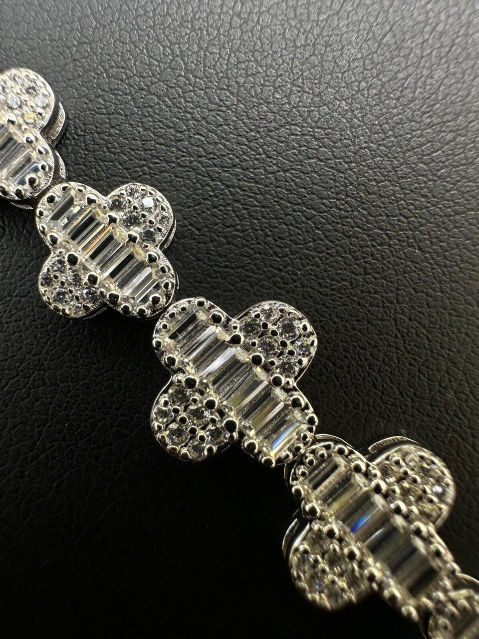 Graduated Baguette Clover Bracelet Iced Out CZ Stones - 925 Silver - 12mm - 6"-8.5"