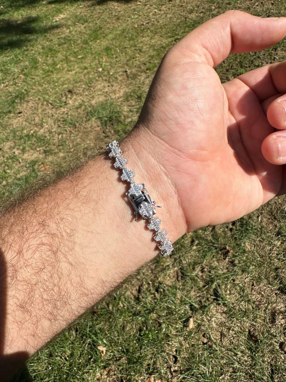 Graduated Baguette Clover Bracelet Iced Out CZ Stones - 925 Silver - 12mm - 6"-8.5"