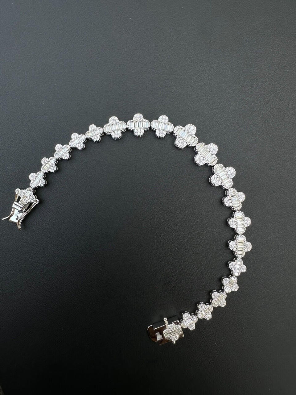 Graduated Baguette Clover Bracelet Iced Out CZ Stones - 925 Silver - 12mm - 6"-8.5"