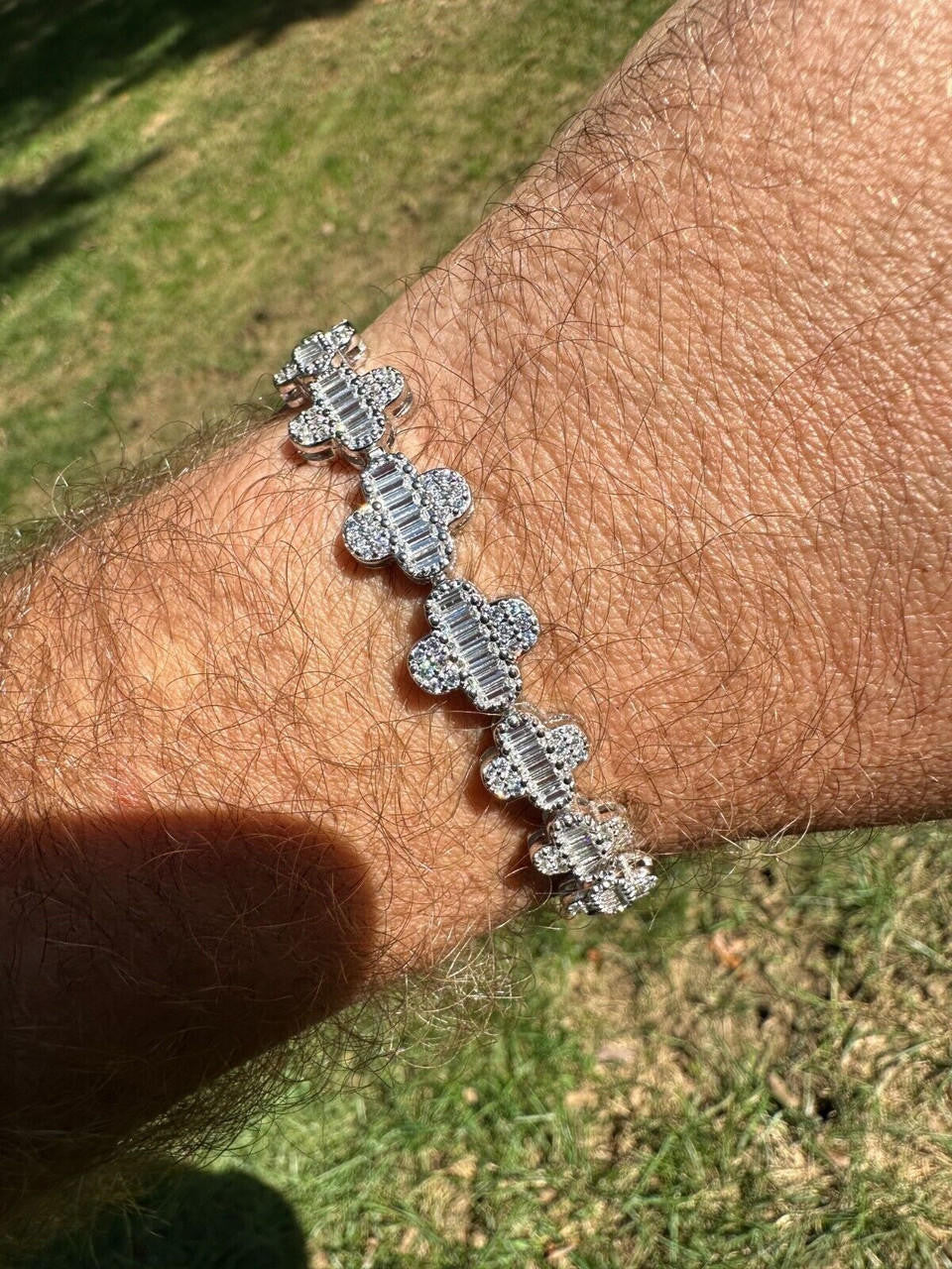 Graduated Baguette Clover Bracelet Iced Out CZ Stones - 925 Silver - 12mm - 6"-8.5"
