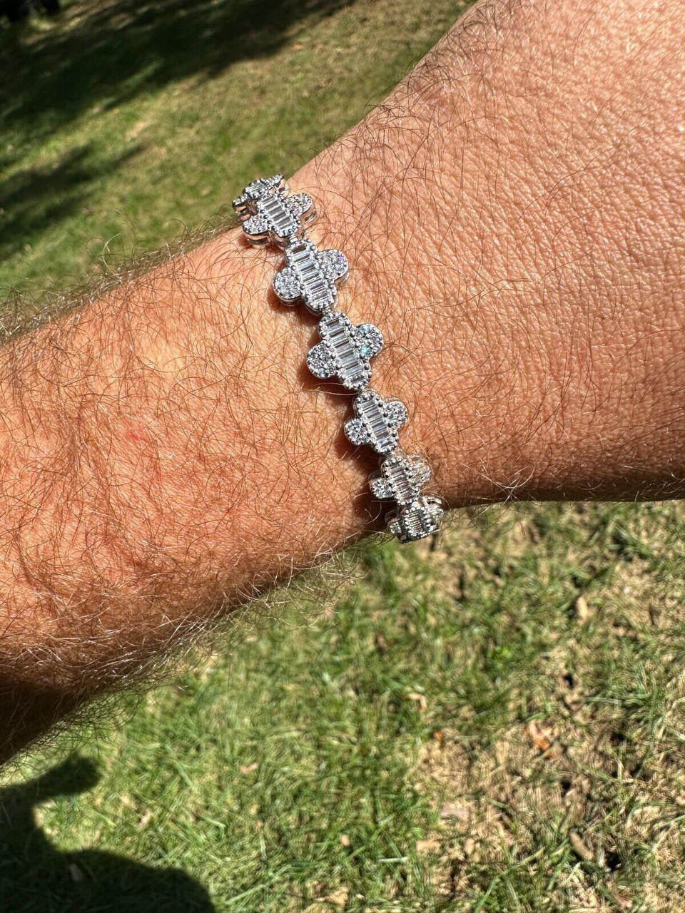 Graduated Baguette Clover Bracelet Iced Out CZ Stones - 925 Silver - 12mm - 6"-8.5"