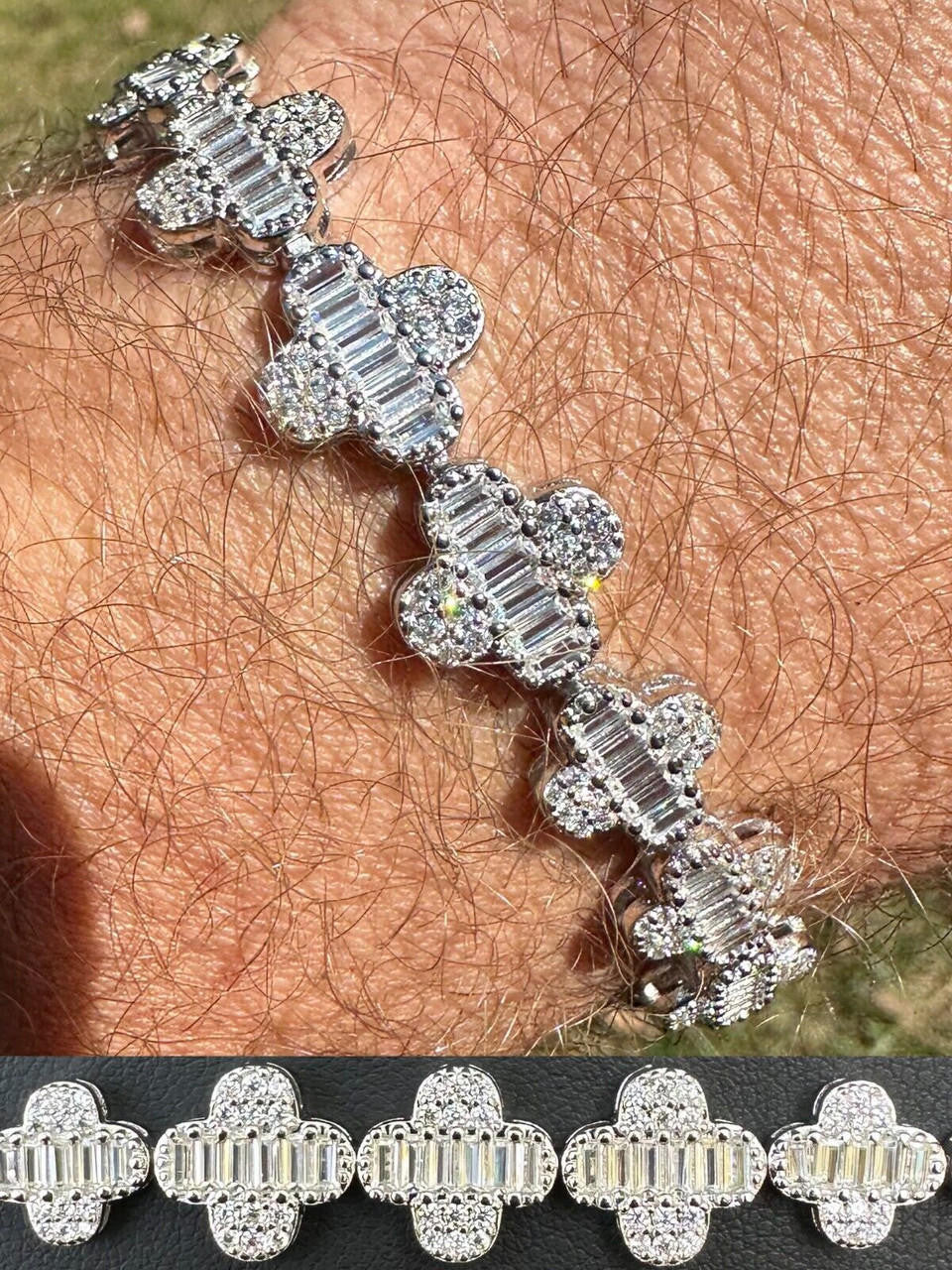 Graduated Baguette Clover Bracelet Iced Out CZ Stones - 925 Silver - 12mm - 6"-8.5"