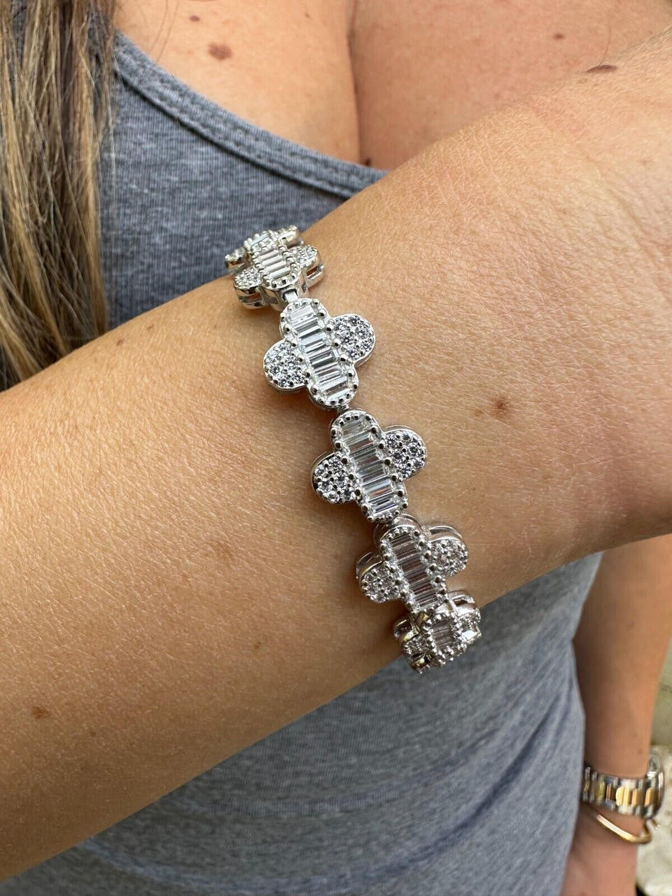 Graduated Baguette Clover Bracelet Iced Out CZ Stones - 925 Silver - 12mm - 6"-8.5"
