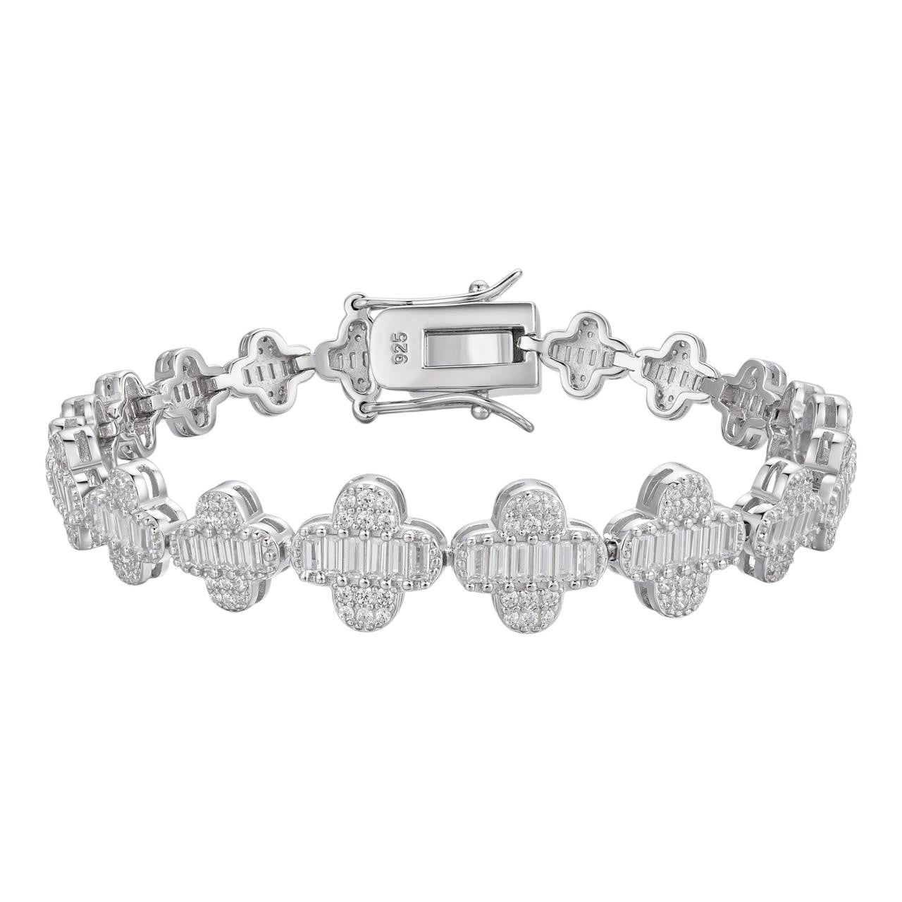 Graduated Baguette Clover Bracelet Iced Out CZ Stones - 925 Silver - 12mm - 6"-8.5"