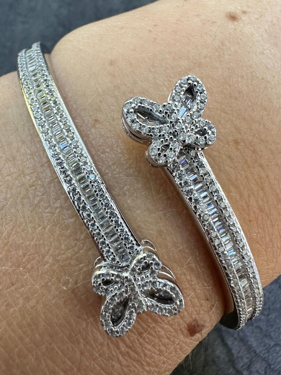 Real Solid 925 Silver Iced Baguette Butterfly Bangle Ladies Bracelet 5-7"  CZ