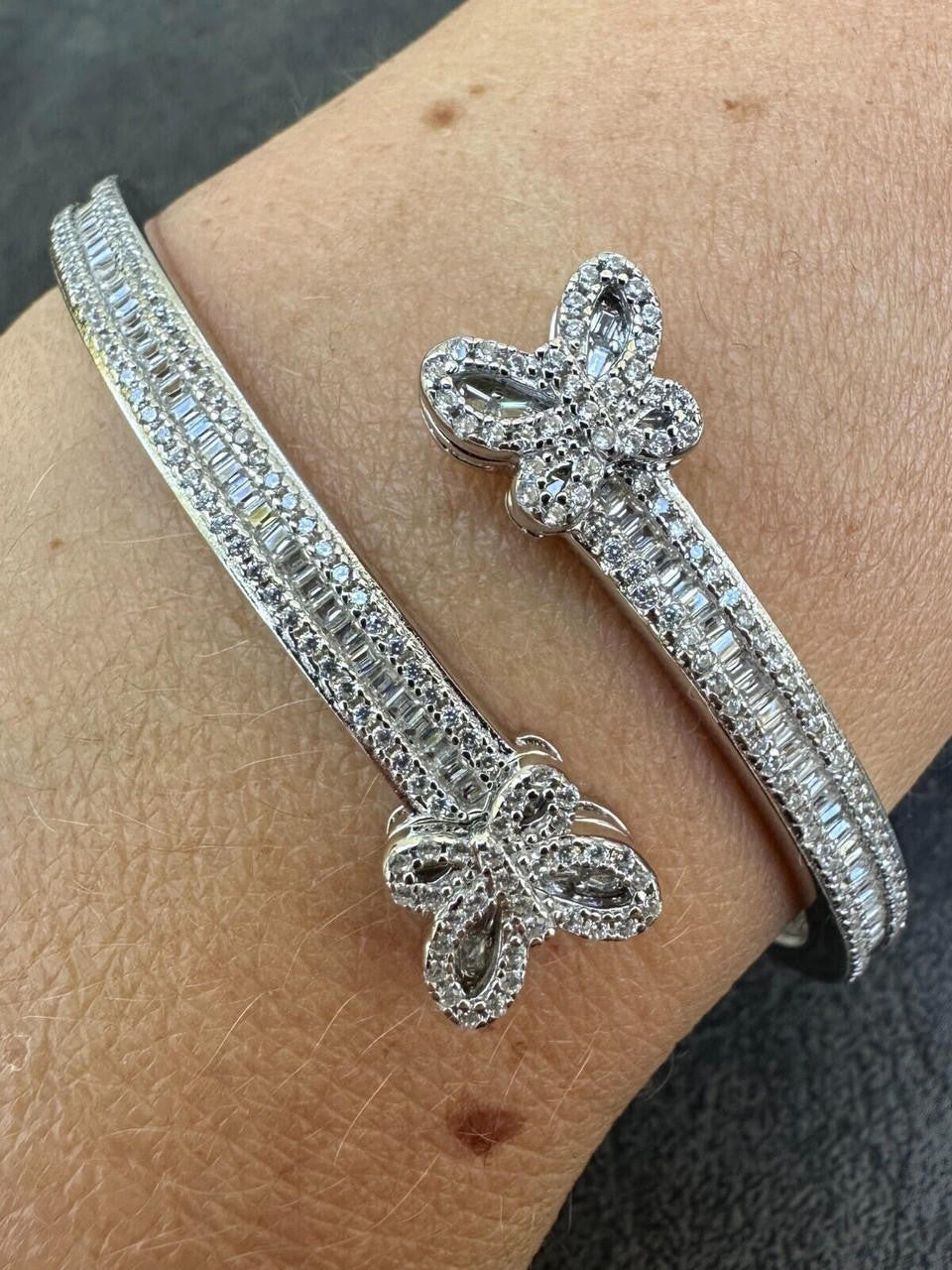 Real Solid 925 Silver Iced Baguette Butterfly Bangle Ladies Bracelet 5-7"  CZ