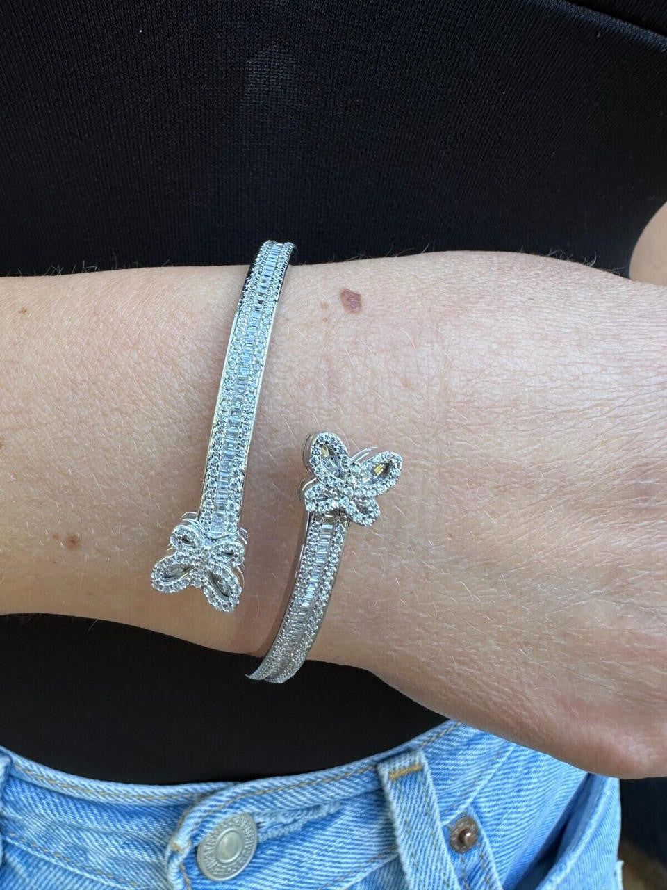 Real Solid 925 Silver Iced Baguette Butterfly Bangle Ladies Bracelet 5-7"  CZ
